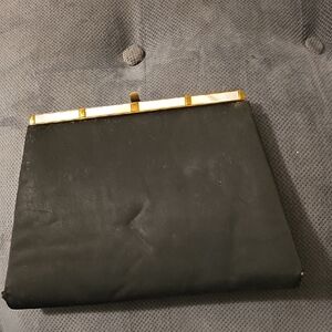 VINTAGE AFTER FIVE BLACK SATIN CLUTCH WITH GOLD FRAME